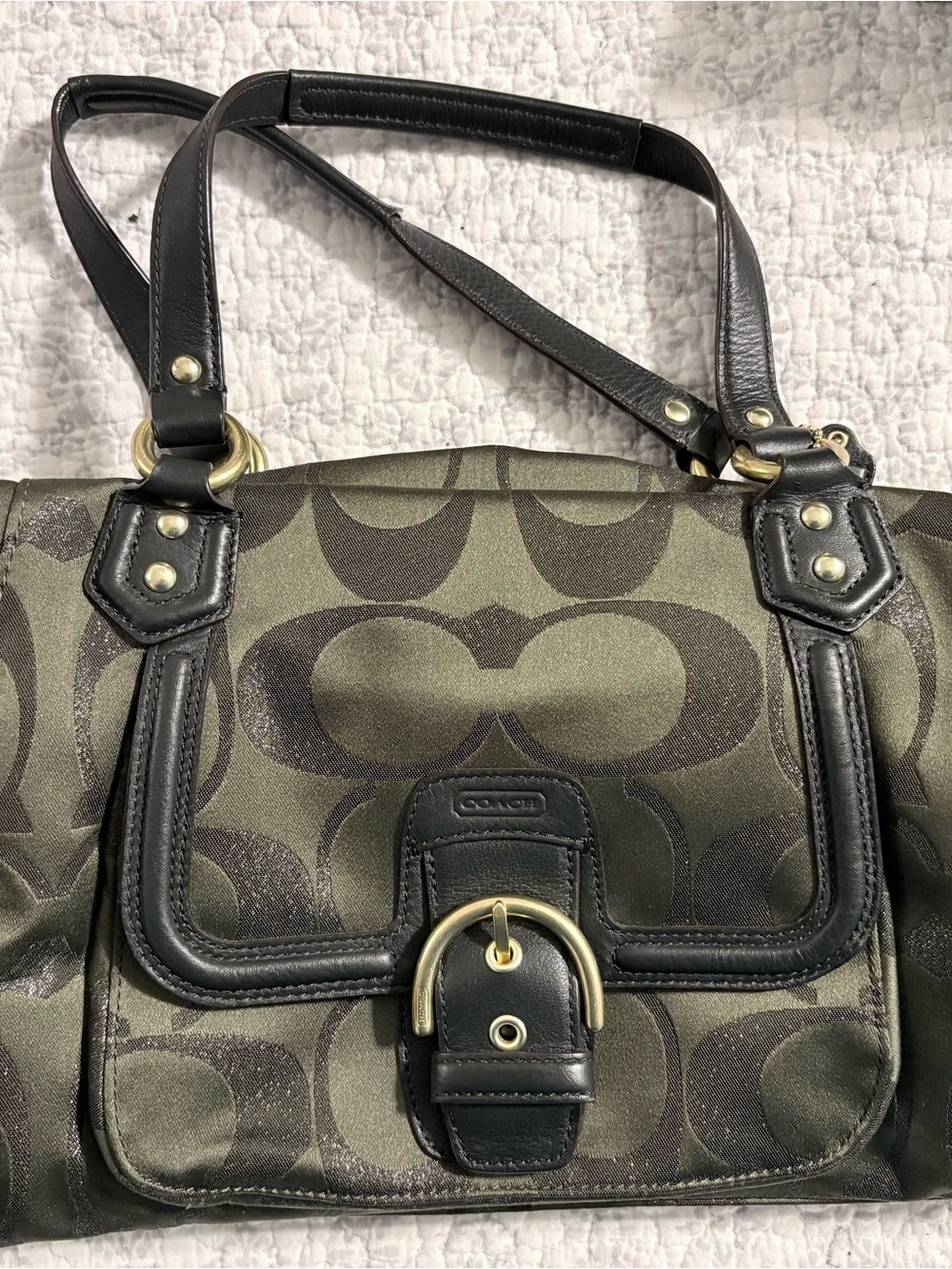 Coach Signature Canvas Shoulder Bag in Olive and Black with Gold Hardware